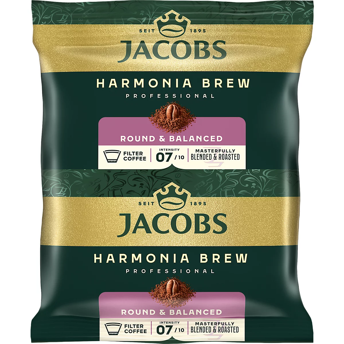 Verpackung von Jacobs Harmonia Brew Kaffee. Dunkelgrün mit goldfarbenen Akzenten, Text: Harmonia Brew, Round & Balanced, Intensität 7/10.