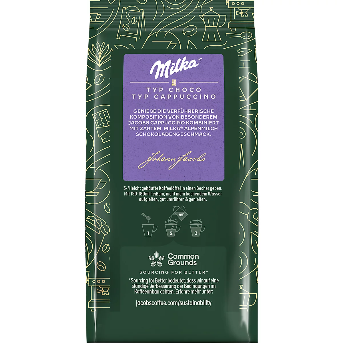 Rückseite einer Milka Choco Typ Cappuccino Kaffeeverpackung mit Text und Logo.