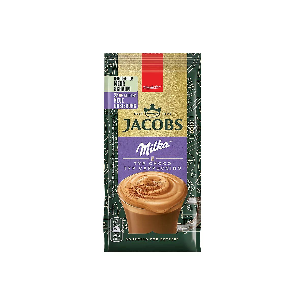 Jacobs Milka Cappuccino Packung, lila Akzent, mit Schaum-Illustration.
