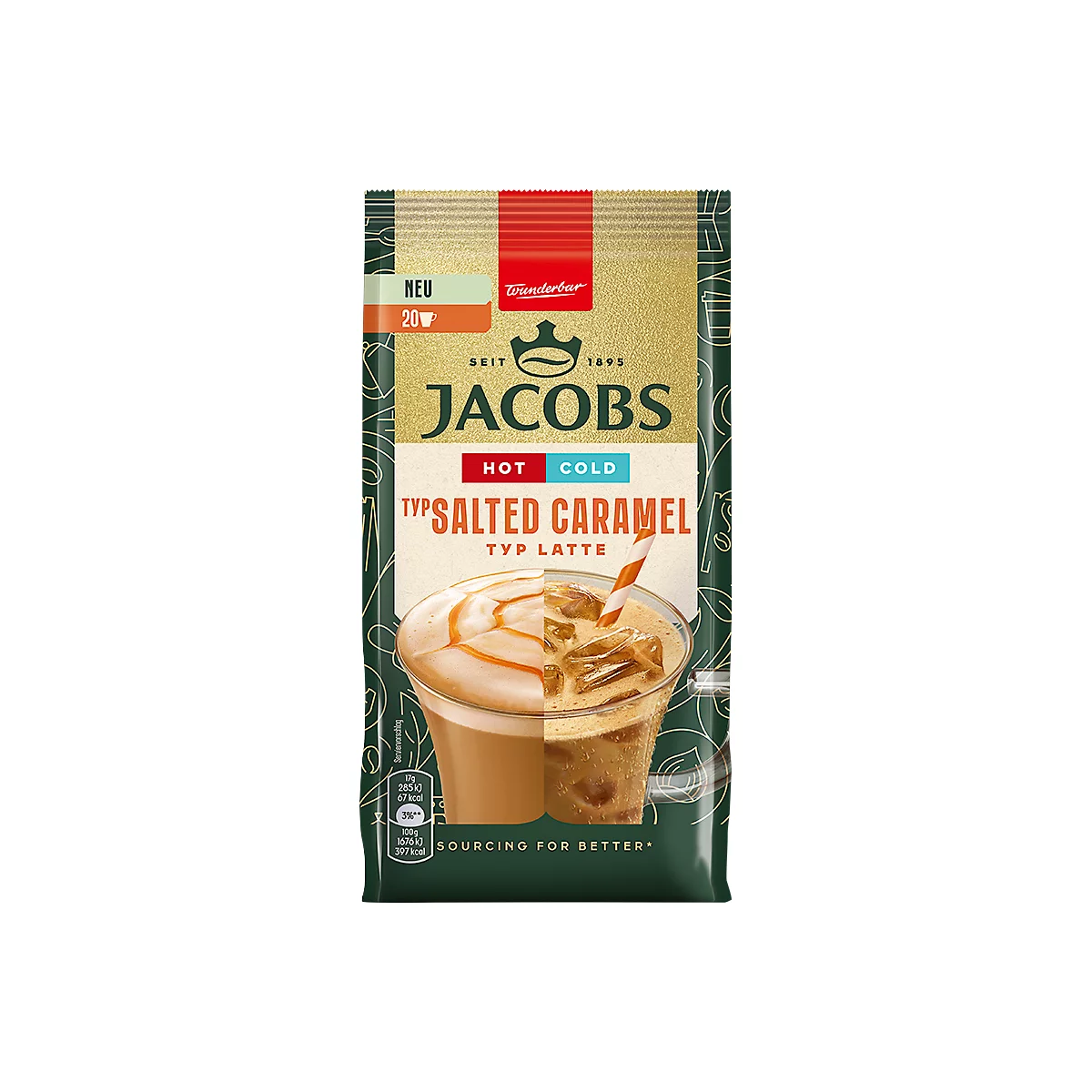 Paquet de Jacobs Latte avec boisson caramel salé chaude et froide. Inscriptions 'Jacobs', 'Salted Caramel' et 'Hot Cold'.