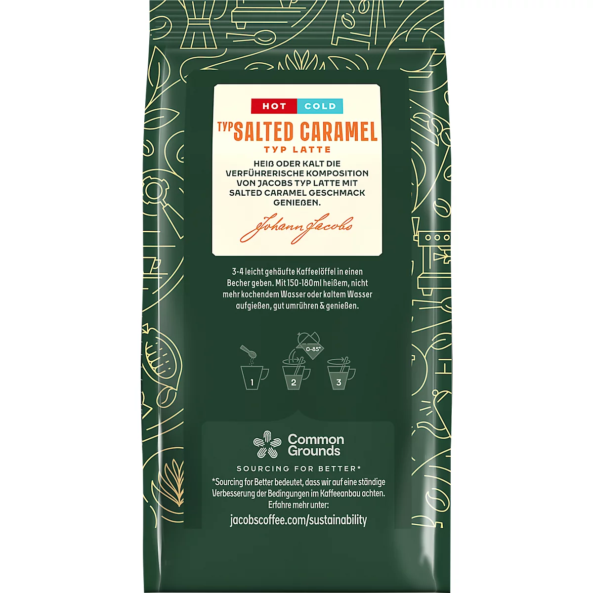 Rückseite einer Kaffeepackung mit Schriftzug SALTED CARAMEL. Anweisungen zur Zubereitung.