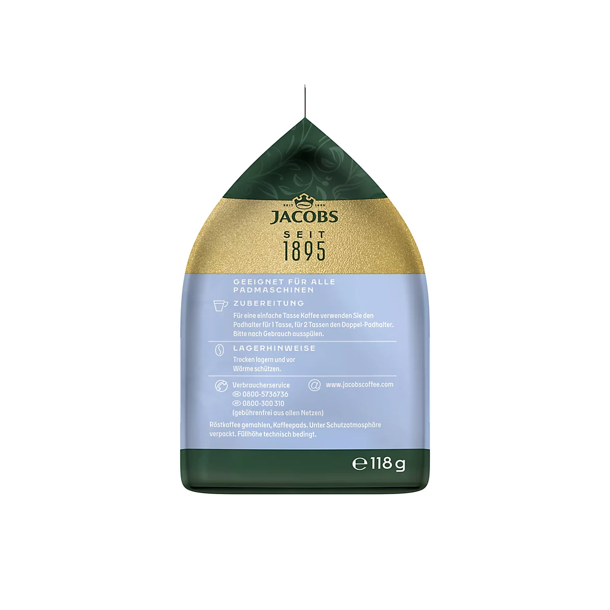 Jacobs Kaffeepad-Verpackung, Rückseite mit Produktinformationen und Zubereitungshinweisen.