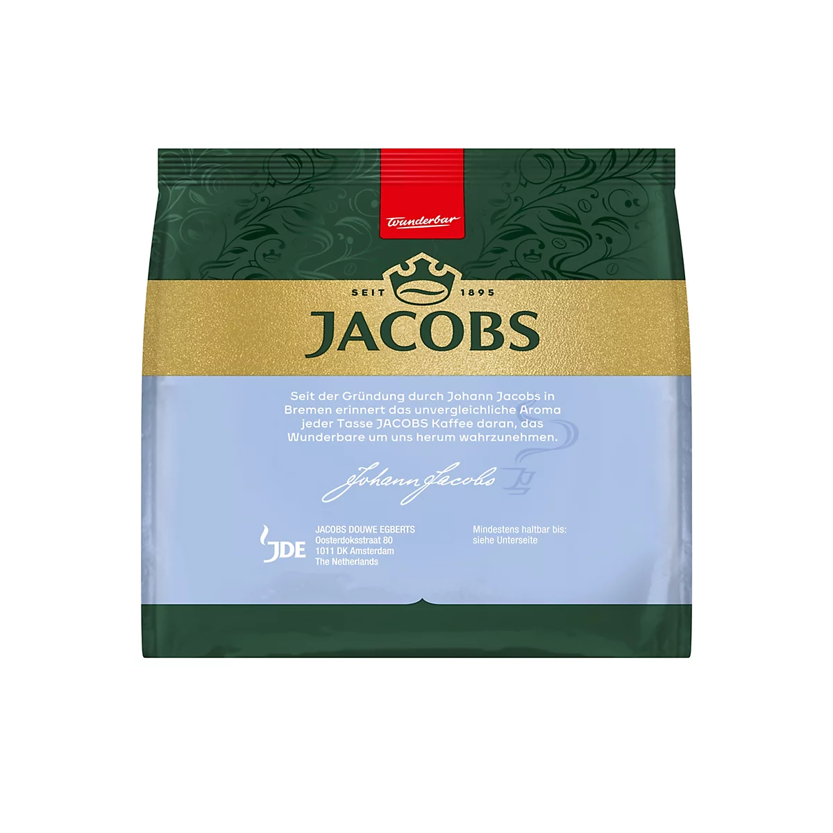 Jacobs Kaffeepackung mit dunkelgrünem Design, goldener Banderole und Markenschriftzug vor hellblauem Hintergrund.