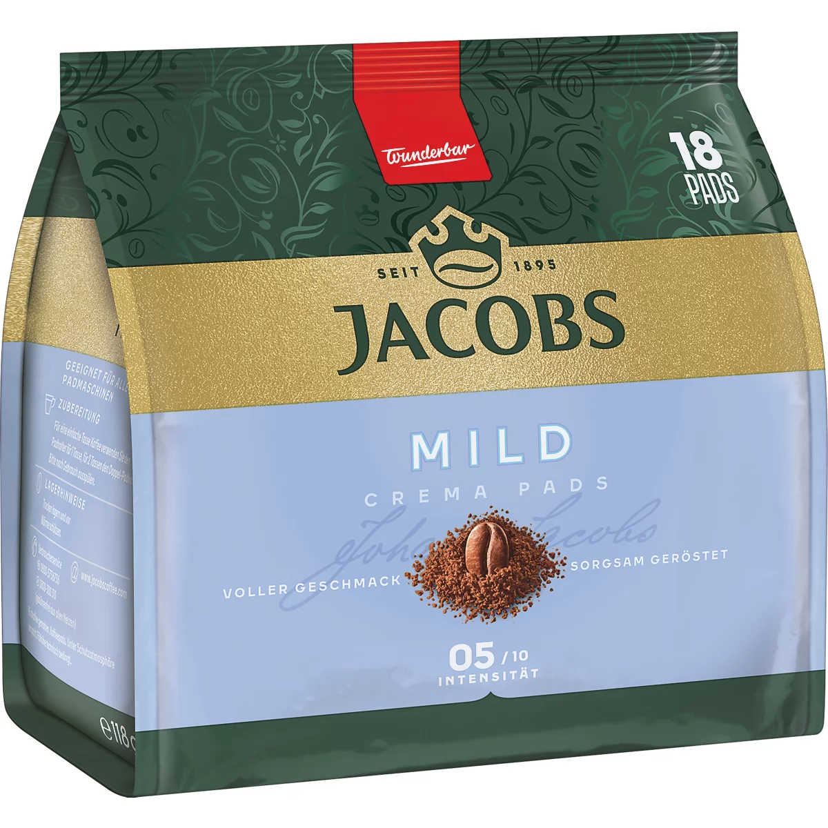 Packung Jacobs Crema Pads Mild, hellblaue Vorderseite mit goldener Banderole, 18 Pads, Intensität 5/10.