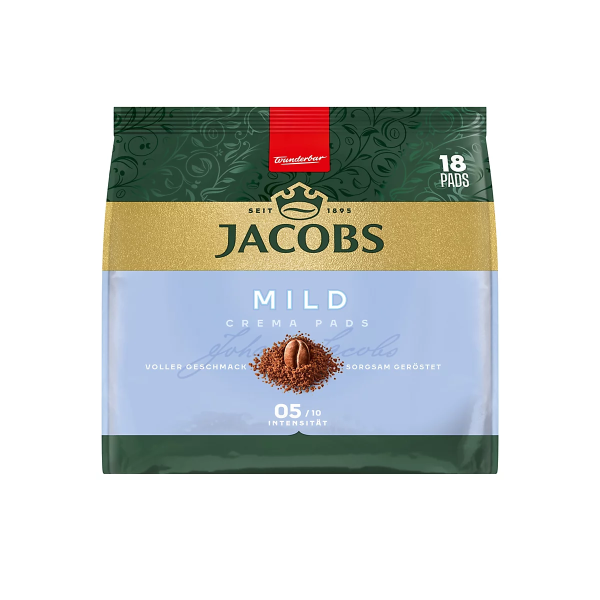 Packung Jacobs Crema Pads Mild, hellblauer Hintergrund, mit Kaffeebohnenmotiv und 18-Pads-Hinweis.