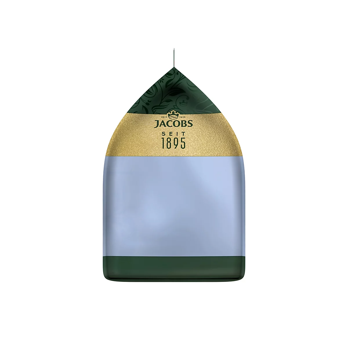 Jacobs Kaffeepackung mit hellblauem Mittelfeld, goldenem Band und dunkelgrüner Spitze.
