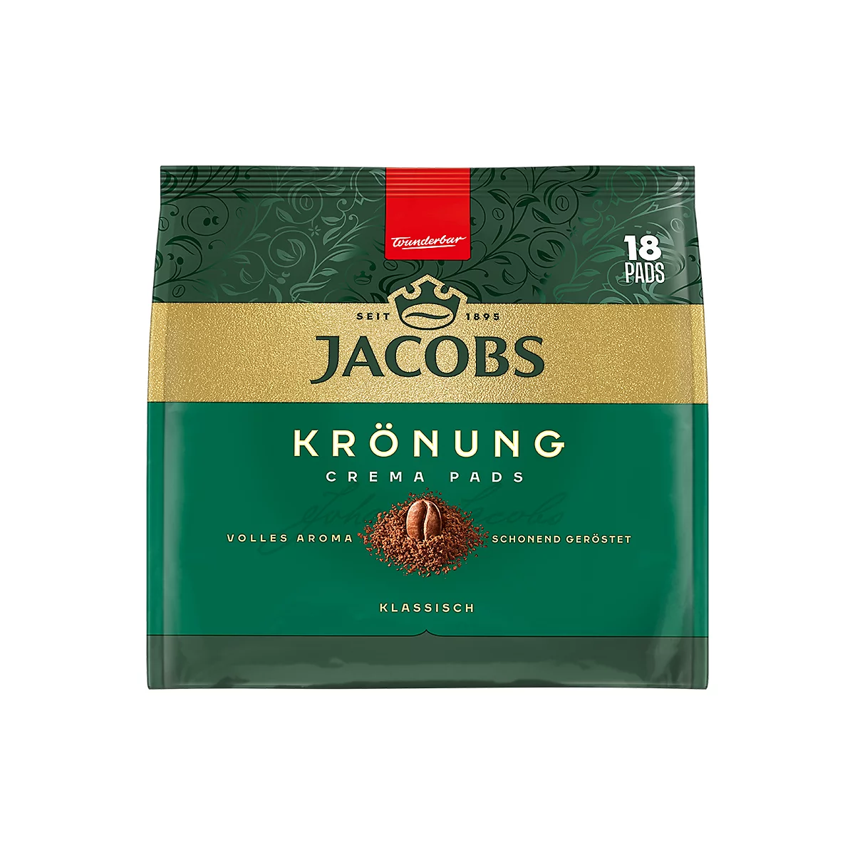 Grüne Kaffeepad-Verpackung von Jacobs Krönung mit goldener Krone, Logo und Kaffeebohne vor gemahlenem Kaffee.