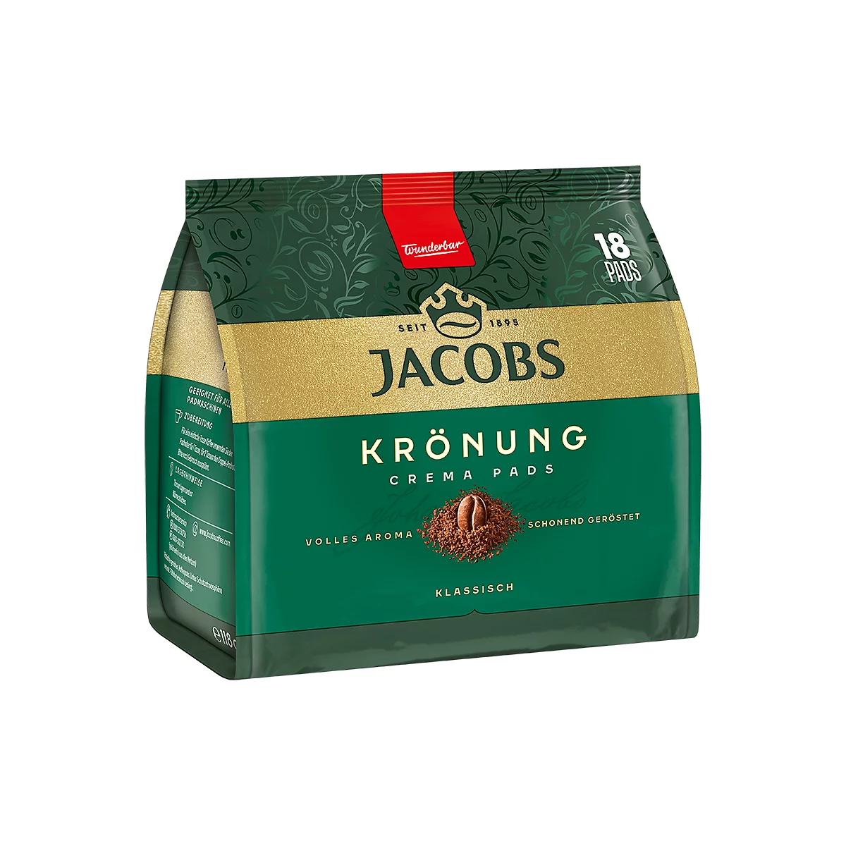 Packung Jacobs Krönung Crema Pads mit 18 Stück in grüner Verpackung mit Goldprägung und Kaffeebohne.