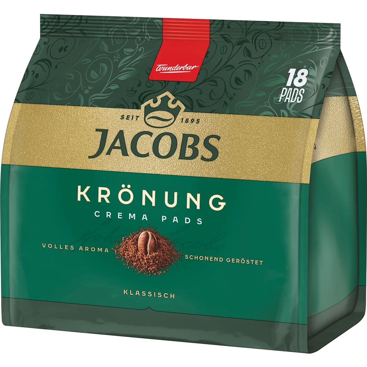 Grüne Jacobs Krönung Crema Pads Kaffeeverpackung mit 18 Pads, Goldakzenten und Kaffeebohnensymbol.
