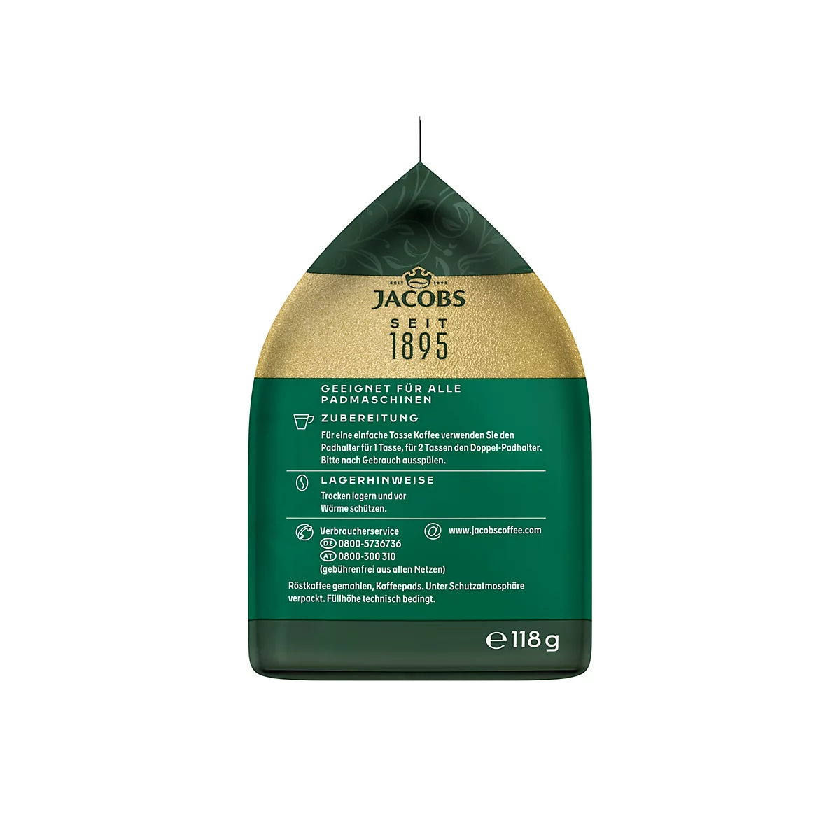 Rückseite einer Jacobs Kaffeepad-Packung in Grün und Gold mit Zubereitungshinweisen und 118g Gewicht.