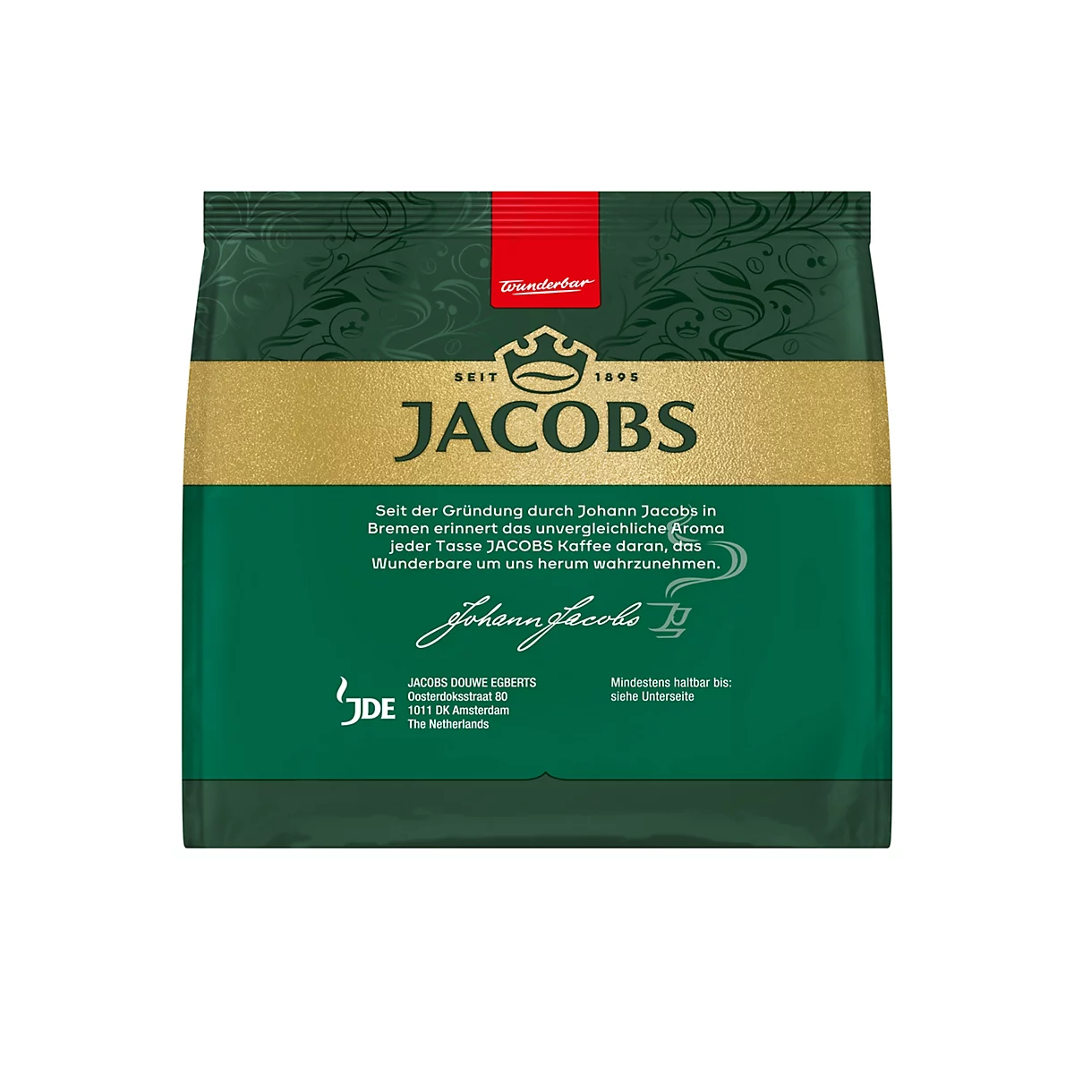 Grüne Jacobs Kaffeeverpackung mit goldenem Markenschriftzug und Werbetext auf der Vorderseite.