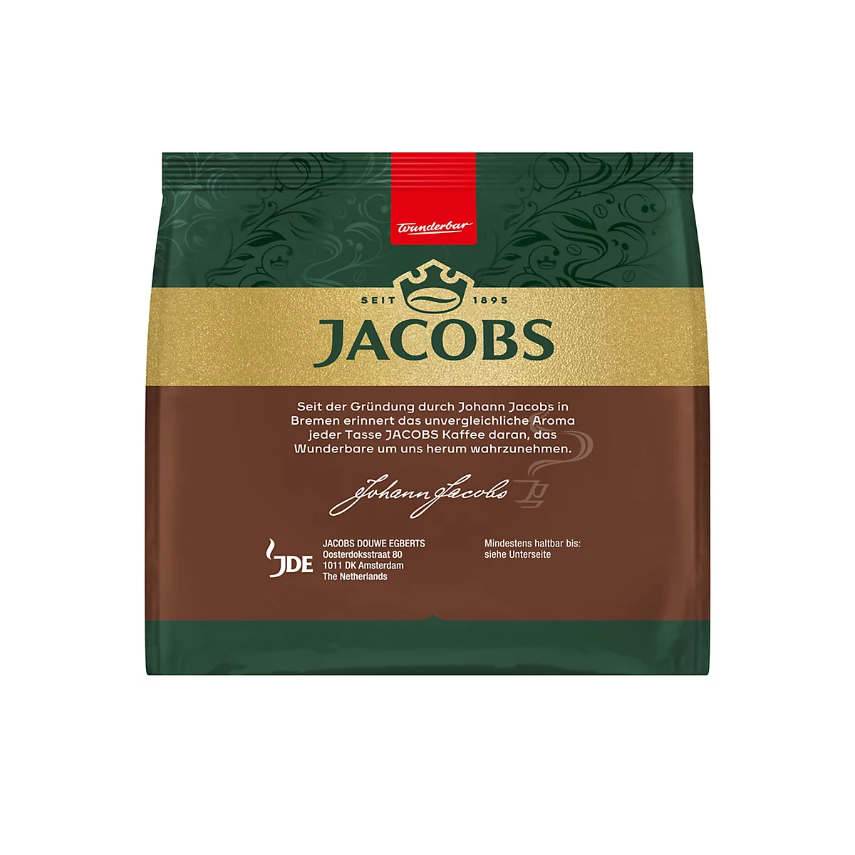 Braune Jacobs Kaffee-Verpackung mit grünem Muster oben und unten, goldenem Jacobs-Logo und Firmenbeschreibung.