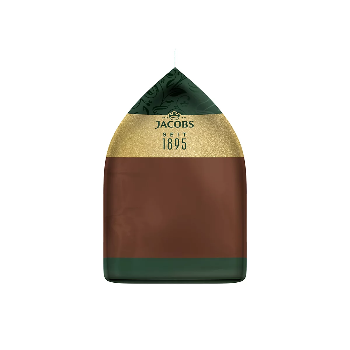 Jacobs Kaffeeverpackung in Dunkelgrün, Gold und Braun vor weißem Hintergrund.