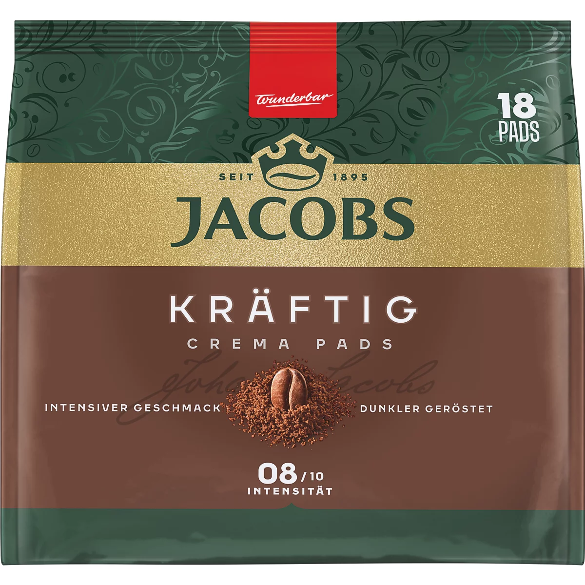Jacobs Kräftig Crema Kaffeepads in brauner Verpackung mit goldener Schrift und Logo, 18 Stück.