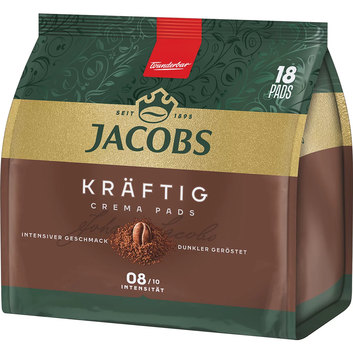 Jacobs Kräftig Crema Pads Kaffeeverpackung mit 18 Stück, dunkle Röstung, Intensität 8 von 10.