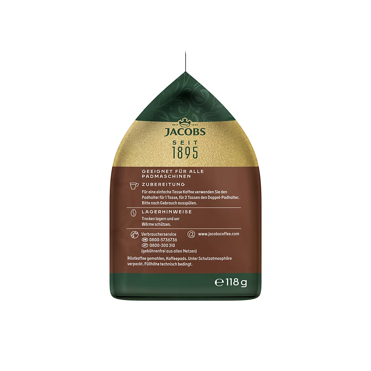 Jacobs Kaffeepad-Verpackung, Rückseite mit Anwendungshinweisen, auf weißem Hintergrund.