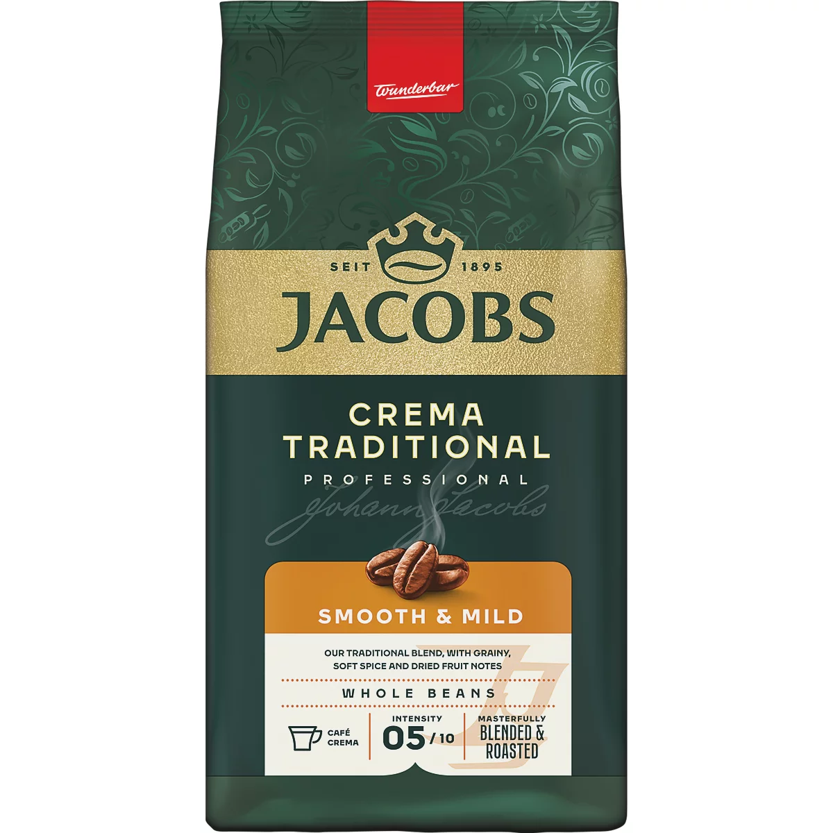 Dunkelgrüne Kaffeeverpackung Jacobs Crema Traditional mit Logo, Kaffeebohnen und Intensitätsangabe 5 von 10.