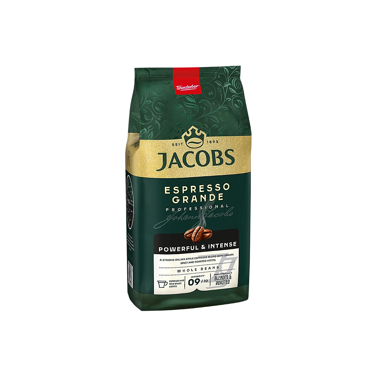 Dunkelgrüne Jacobs Espresso Grande Kaffeebohnenverpackung mit goldfarbenem Markenlogo und Intensitätsangabe 09 von 10.
