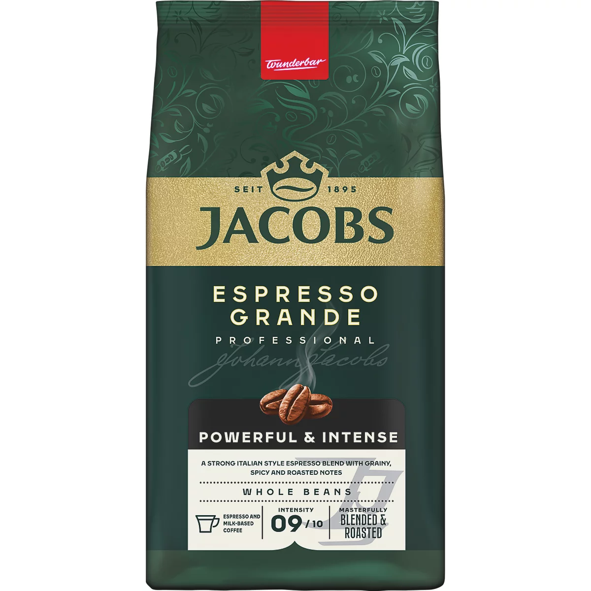 Dunkelgrüne Jacobs Espresso Grande Kaffeebohnenpackung mit intensiver Kaffeebohnenabbildung.