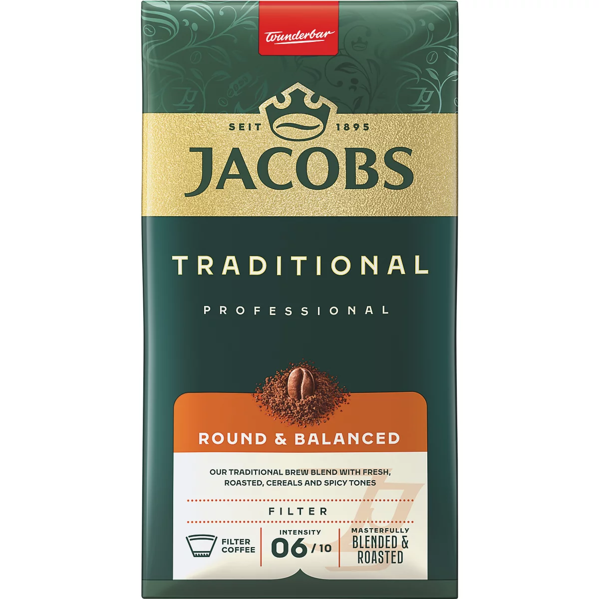 Jacobs Traditional Professional Kaffeeverpackung in Dunkelgrün mit goldener Krone, Intensität 6 von 10.