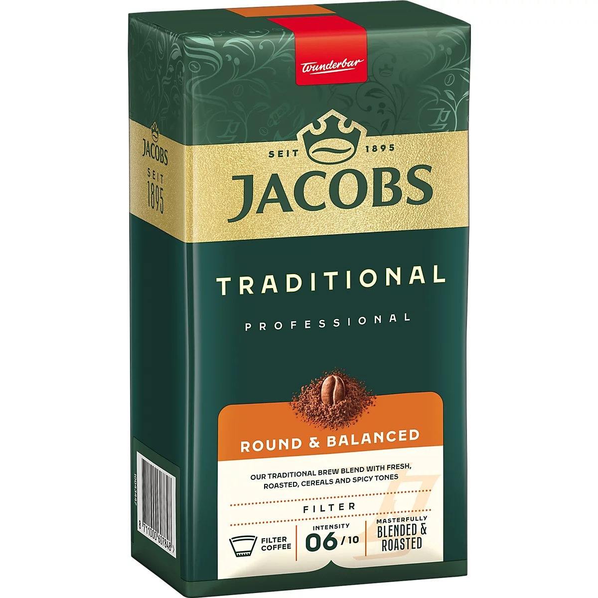 Grüne Jacobs Traditional Professional Kaffeeverpackung mit Angaben zu Intensität 6 von 10 und Röstgrad.