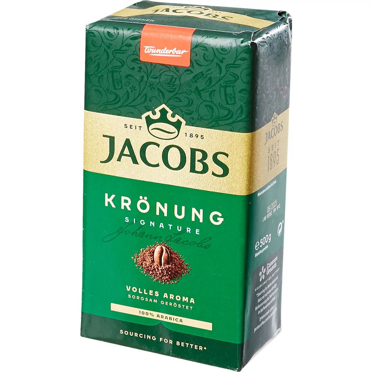 Green Jacobs Kronung coffee pack. Text: Jacobs, Kronung, Signature, full aroma. Brown/red coffee powder.