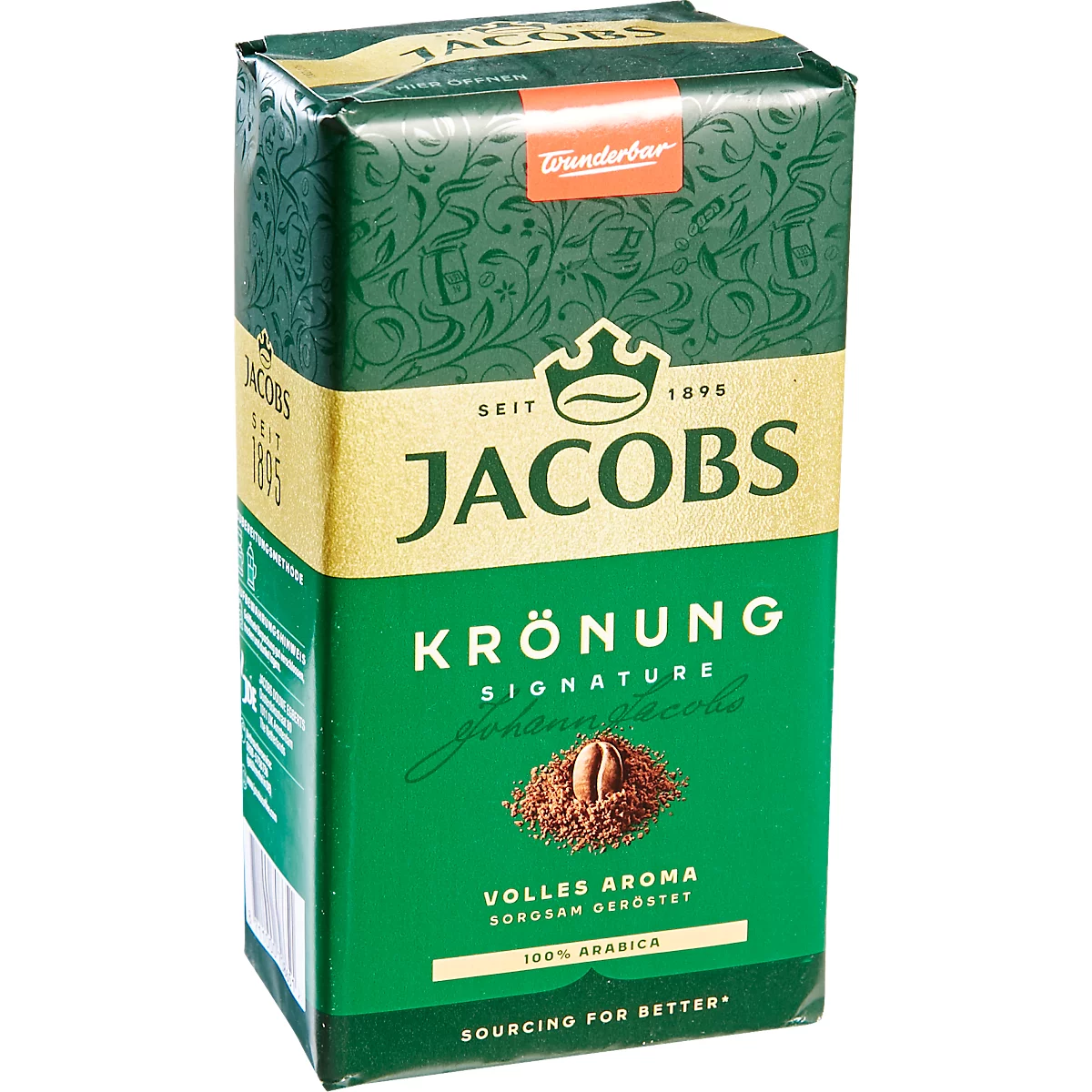 Green Jacobs Krönung coffee package with text. Red label at the top, golden area with logo and lettering, coffee bean illustration below.