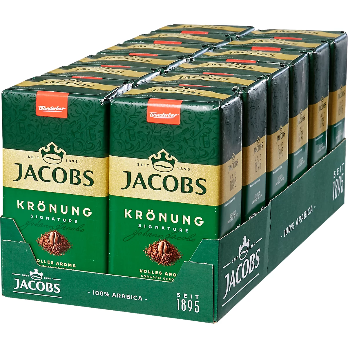 Display of Jacobs Krönung coffee packs. Green and gold packaging with the text: Jacobs Krönung Signature, 100% Arabica.