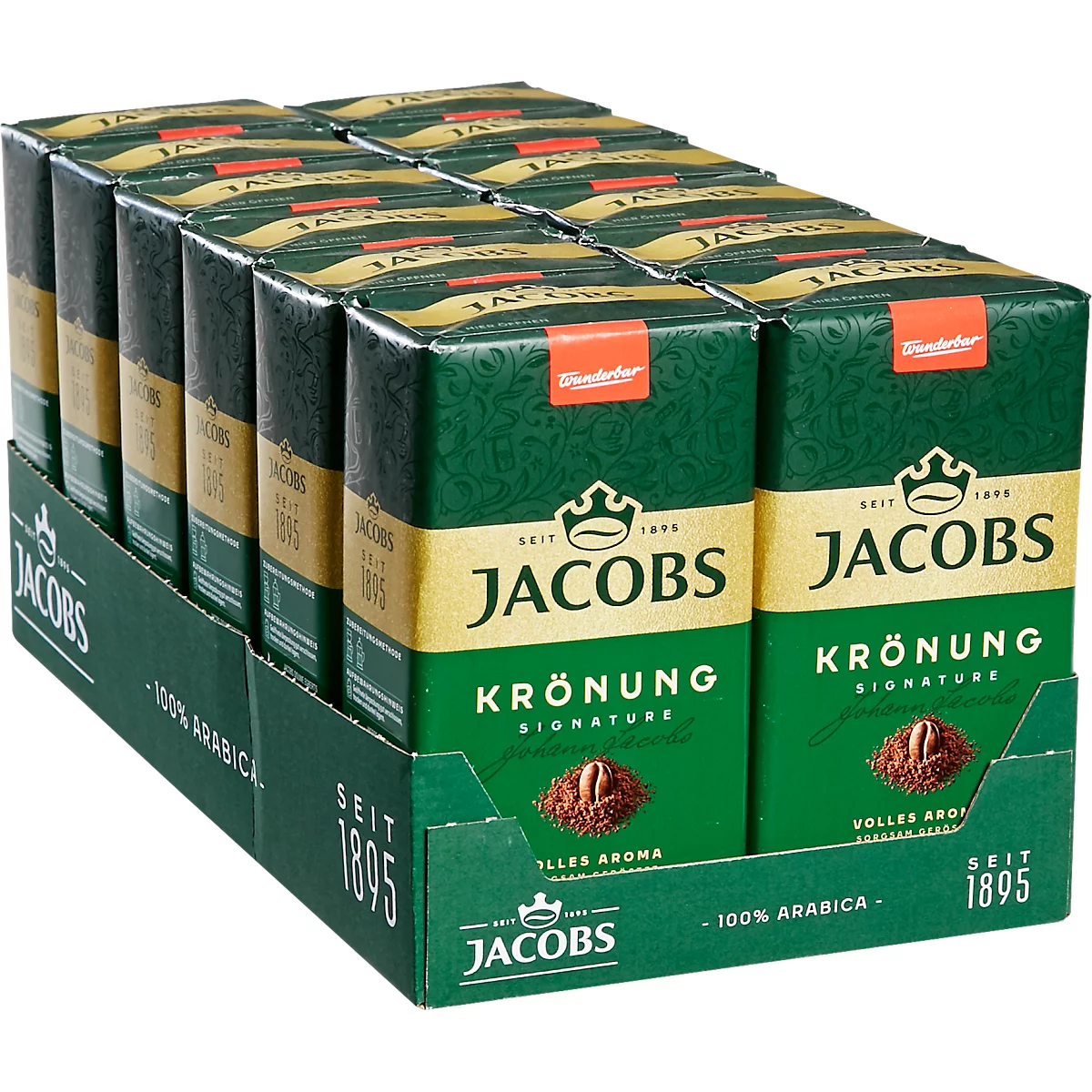 Jacobs Krönung coffee packages. Several packages in a box, green design with gold lettering.