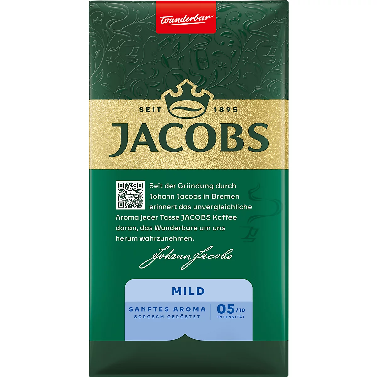 Un paquet de café Jacobs, vert avec des accents dorés. En haut, il est écrit 'Wunderbar', en dessous 'Jacobs', 'Mild' et '05/10'.