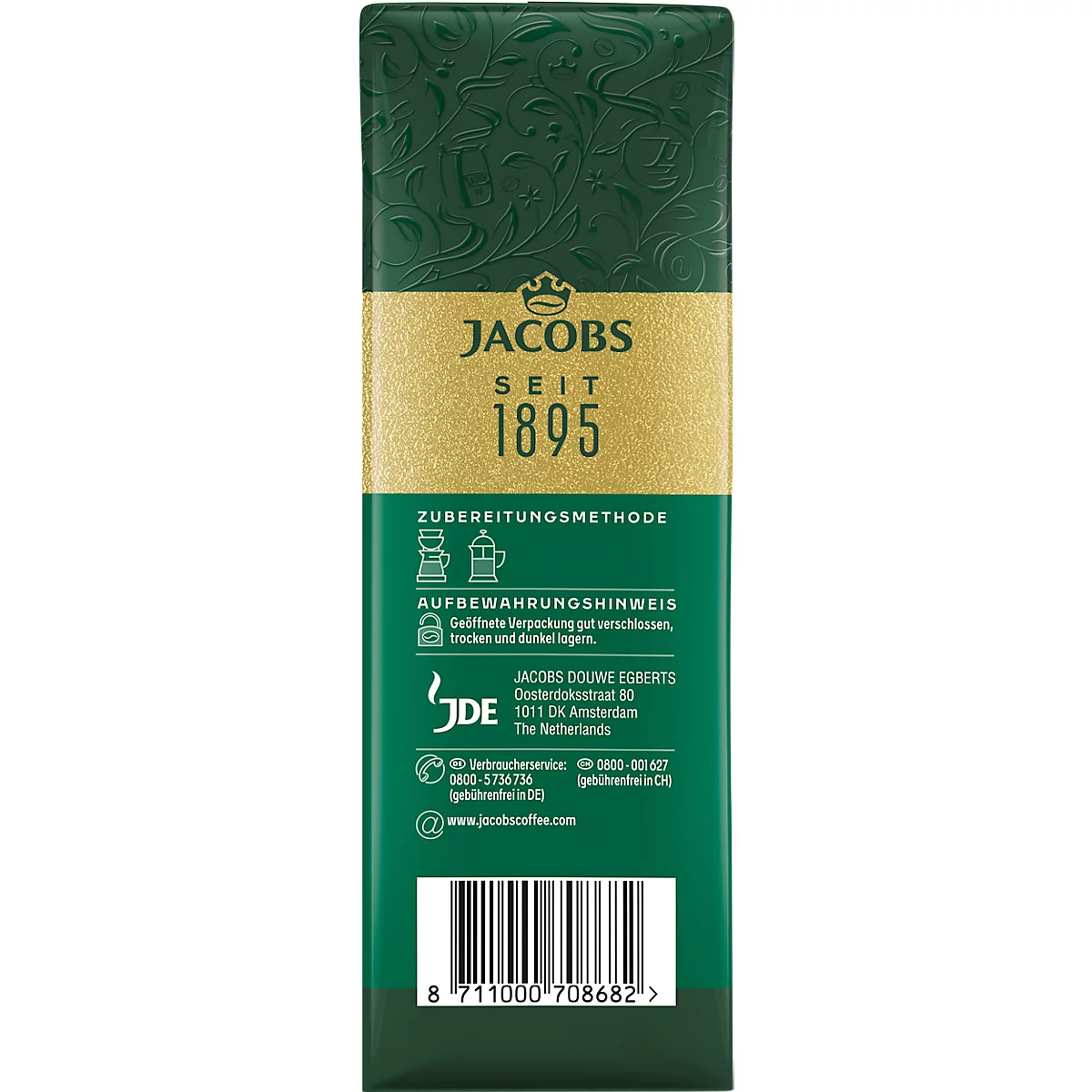 Emballage de café vert avec une bande dorée et l'inscription JACOBS SEIT 1895. Contient des instructions de préparation et des informations de contact.
