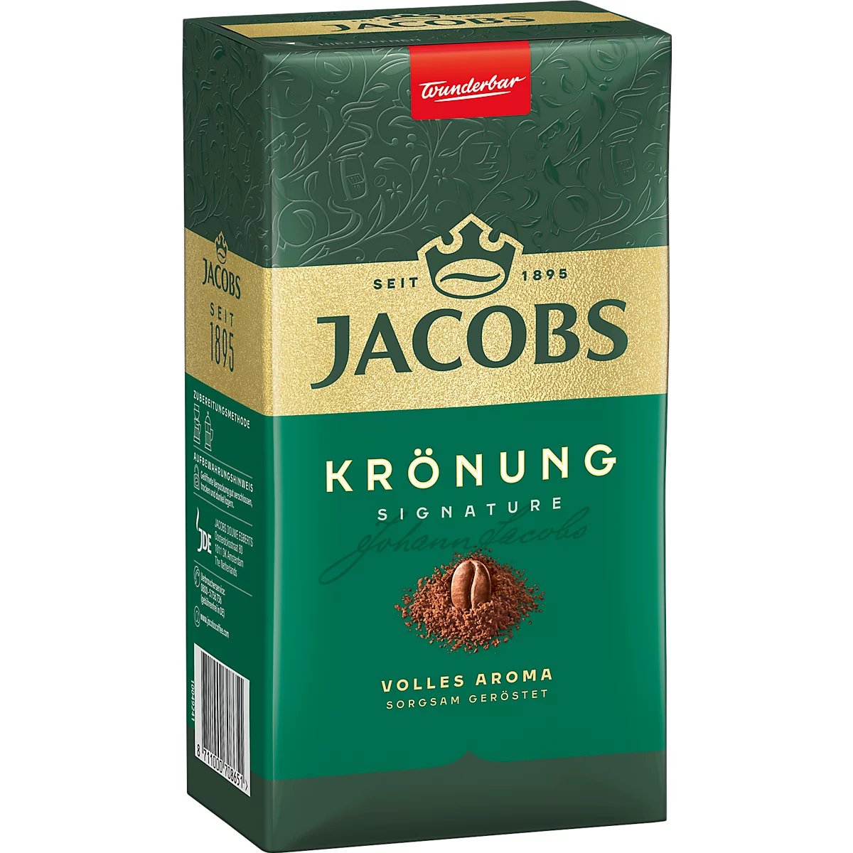 Grüne und goldfarbene Kaffeepackung mit Jacobs Krönung-Schriftzug und Kaffeebohnen-Bild.