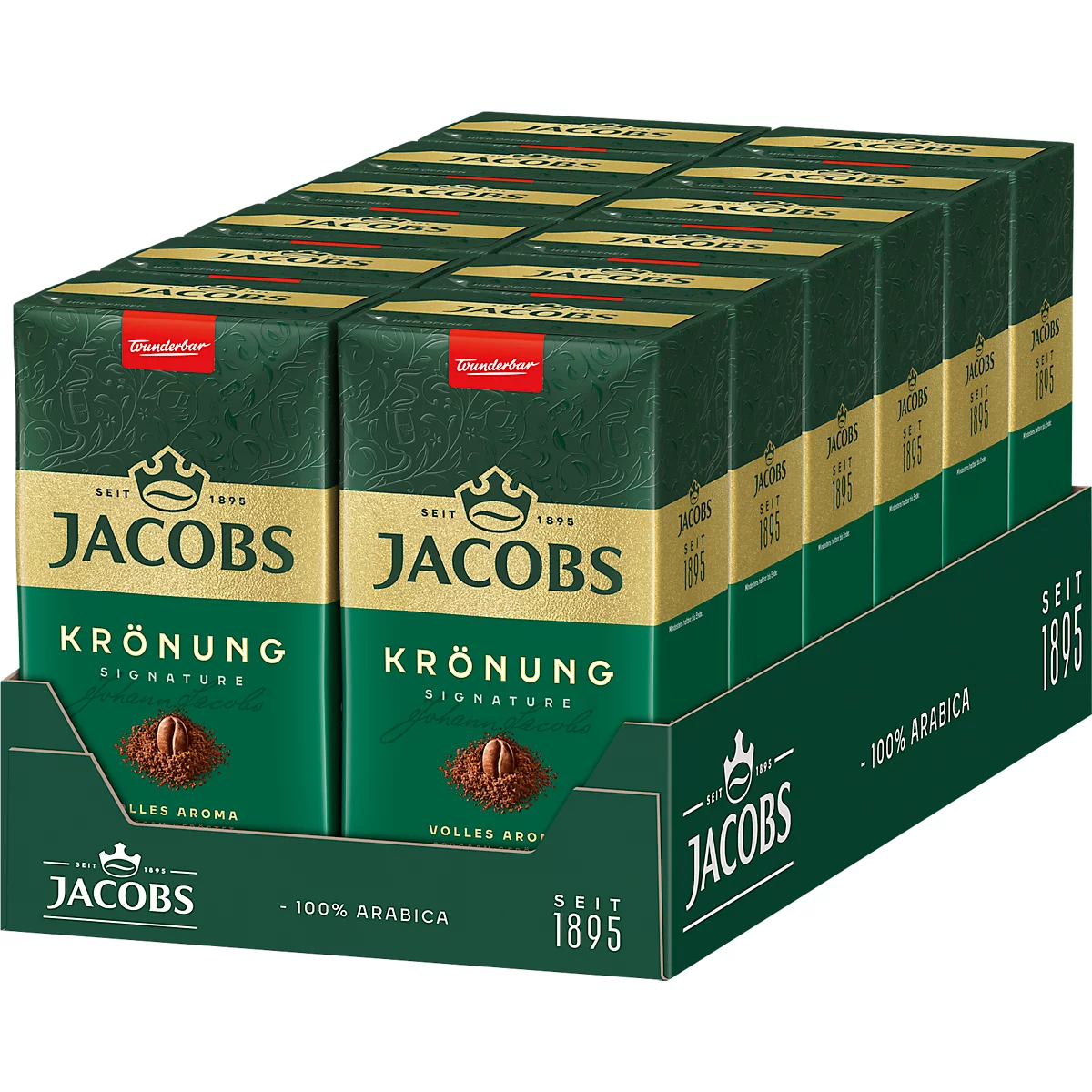 Jacobs Krönung Kaffee-Packungen, dunkelgrün mit goldenen Schriftzügen, in einer grünen Verkaufsbox.