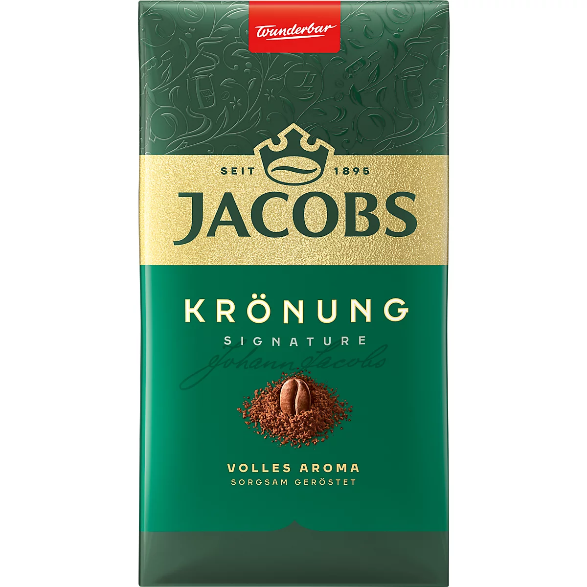 Eine Packung Jacobs Krönung Kaffee. Grün-goldenes Design mit Schriftzug.