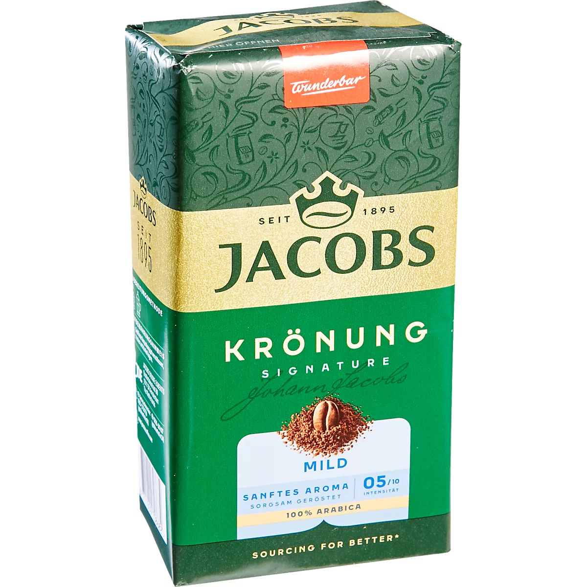 Een groene Jacobs Krönung koffieverpakking met de tekst Jacobs en Krönung. De verpakking bevat een afbeelding van koffiepoeder.