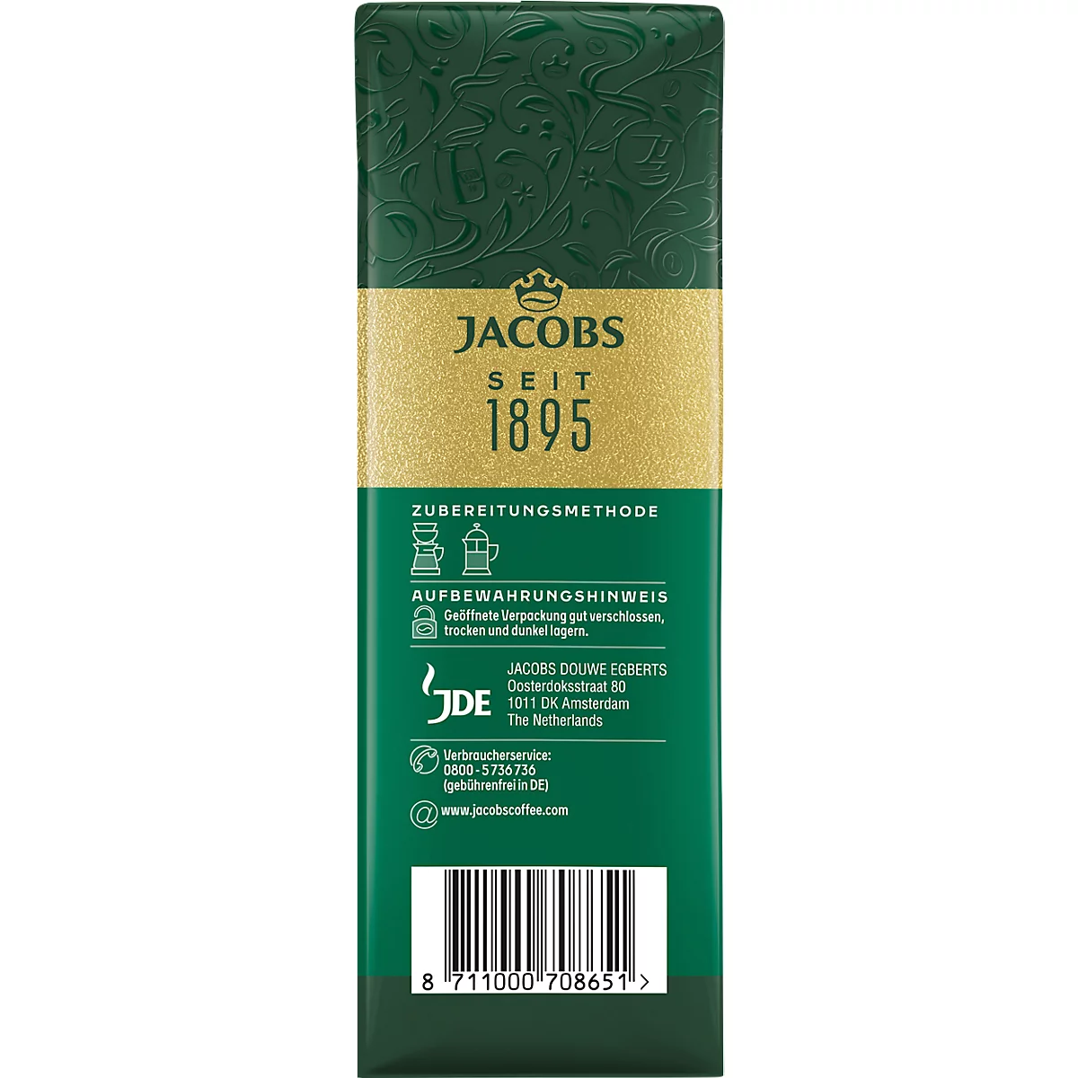 Emballage de café vert avec logo Jacobs doré et texte 'Seit 1895'. Informations produit et code-barres en bas.