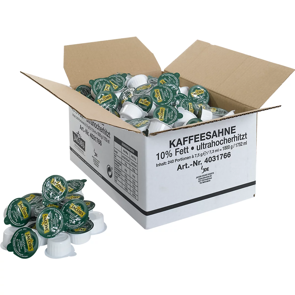 Coffee cream portions in box. Inscription: Jacobs. 10% fat.