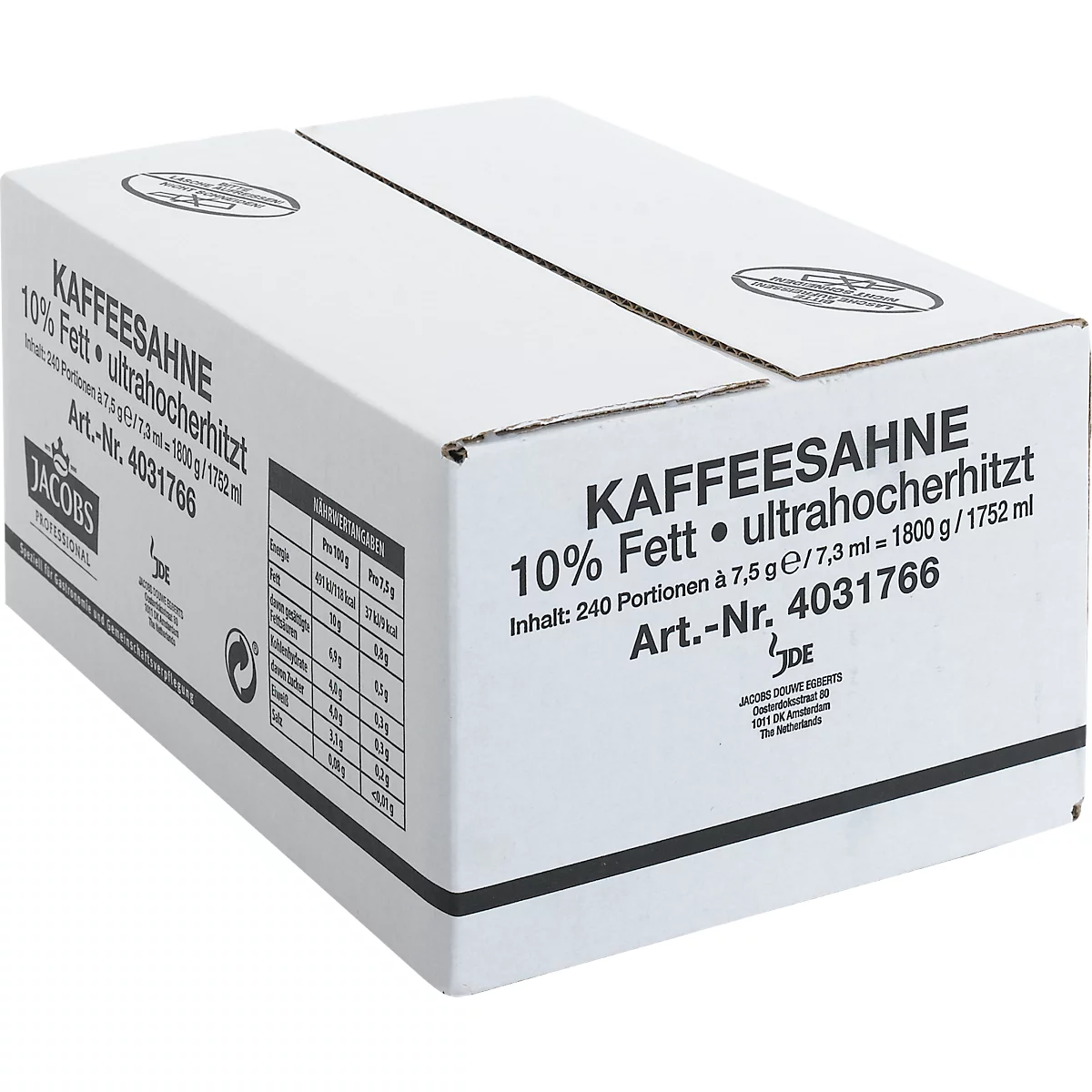 A white box labeled "Kaffeesahne 10% Fett".