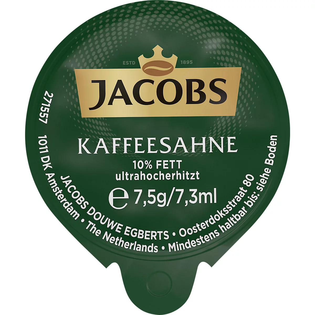 Jacobs coffee creamer capsule. Green, with gold logo and lettering.