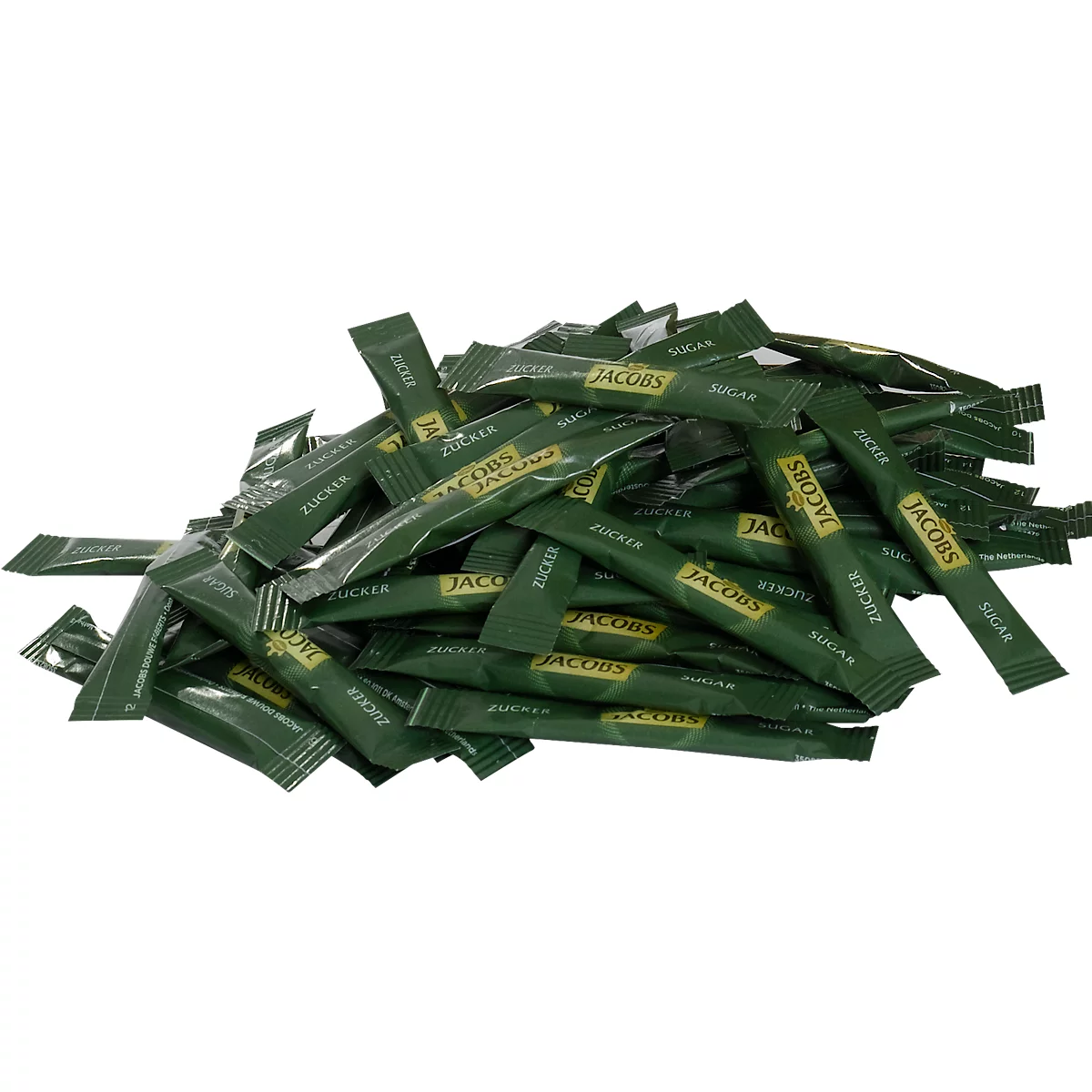 Tas de bâtonnets de sucre Jacobs verts.