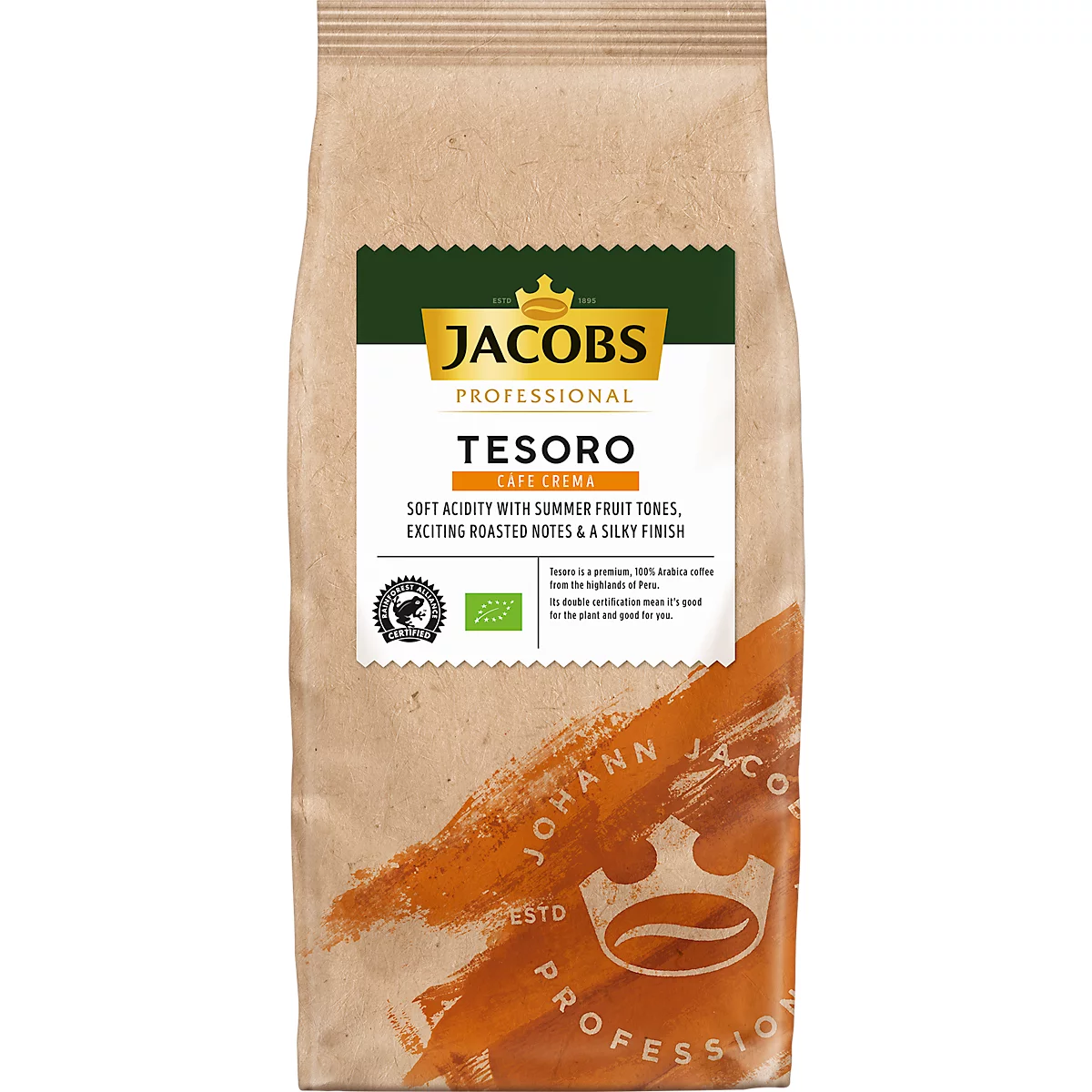 Coffee bag with the writing JACOBS TESORO, brown background. Text: "Soft Acidity with Summer Fruit Tones, Exciting Roasted Notes & a Silky Finish".