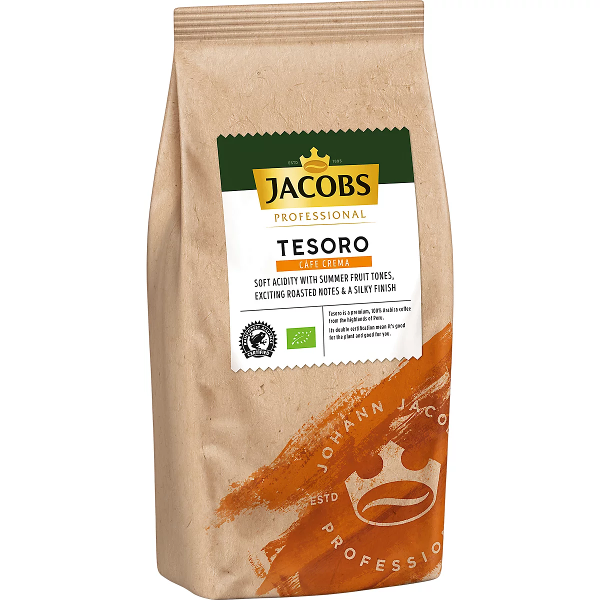 Coffee package with JACOBS TESORO lettering, green label and organic logo.