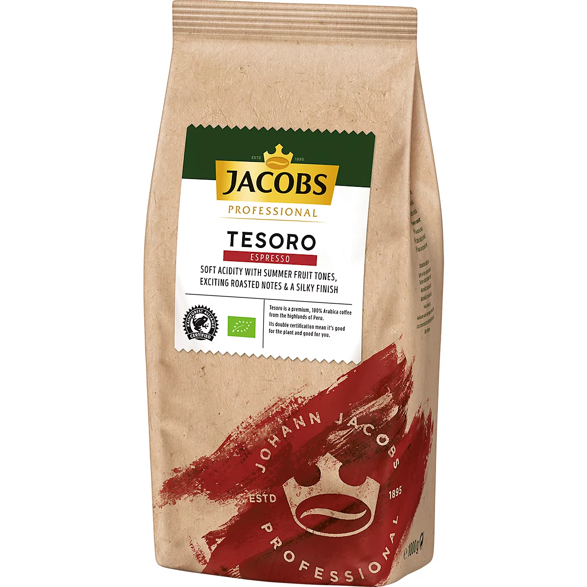 Jacobs Tesoro Espresso coffee bag. Beige paper bag with logo and text. Prints: Tesoro, Espresso, Professional.