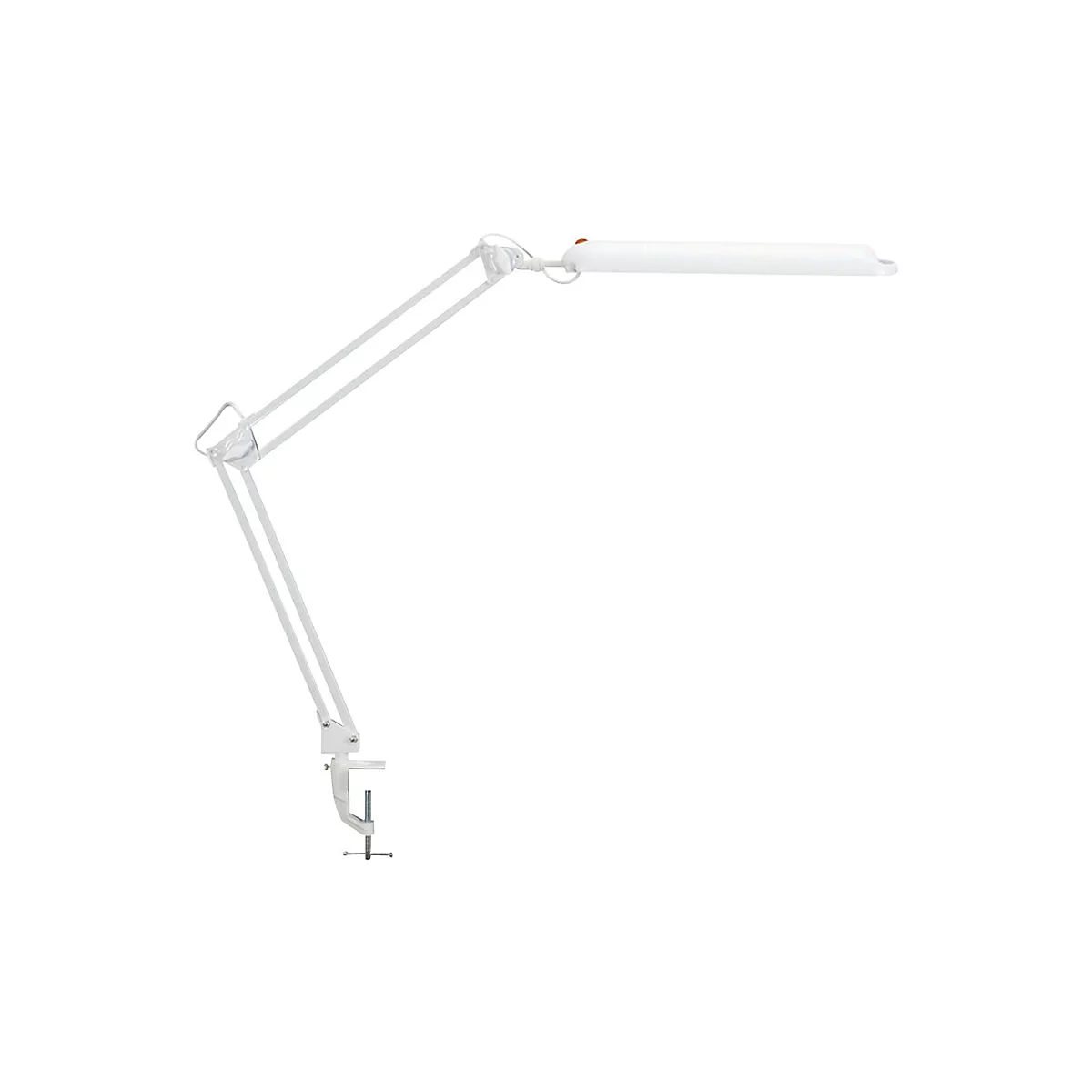 Weiße, verstellbare Schreibtischlampe mit Gelenkarm und Tischklemme vor weißem Hintergrund.