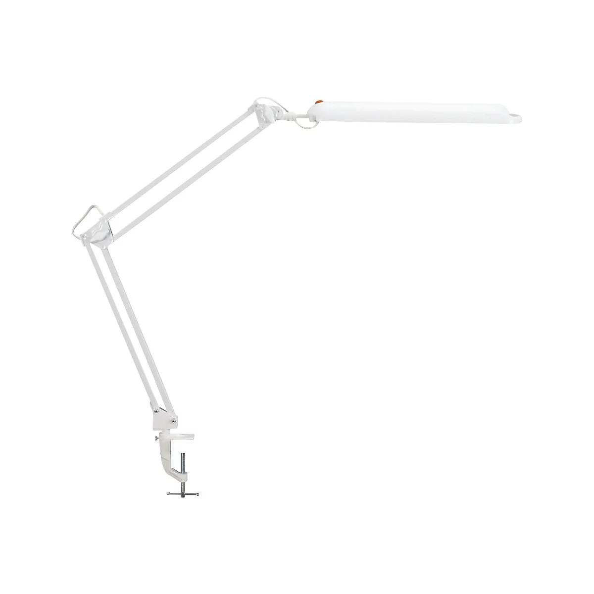 Weiße, verstellbare Schreibtischlampe mit Gelenkarm und Schraubzwinge vor weißem Hintergrund.