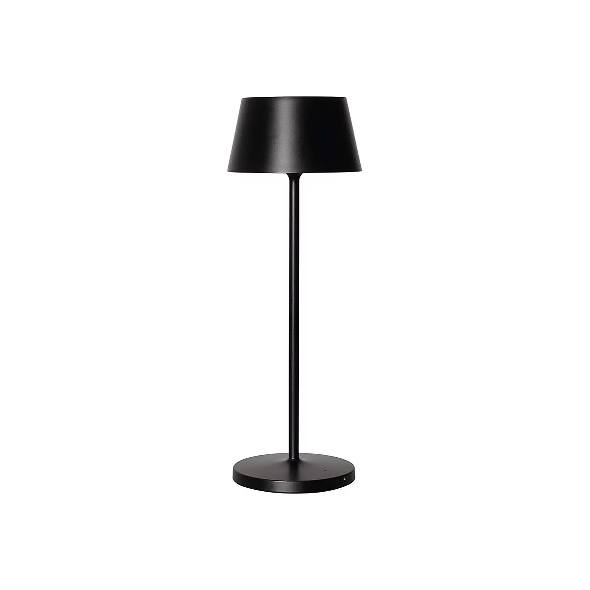 Schlichte schwarze LED-Tischleuchte mit schlankem Fuß und konischem Schirm vor weißem Hintergrund.