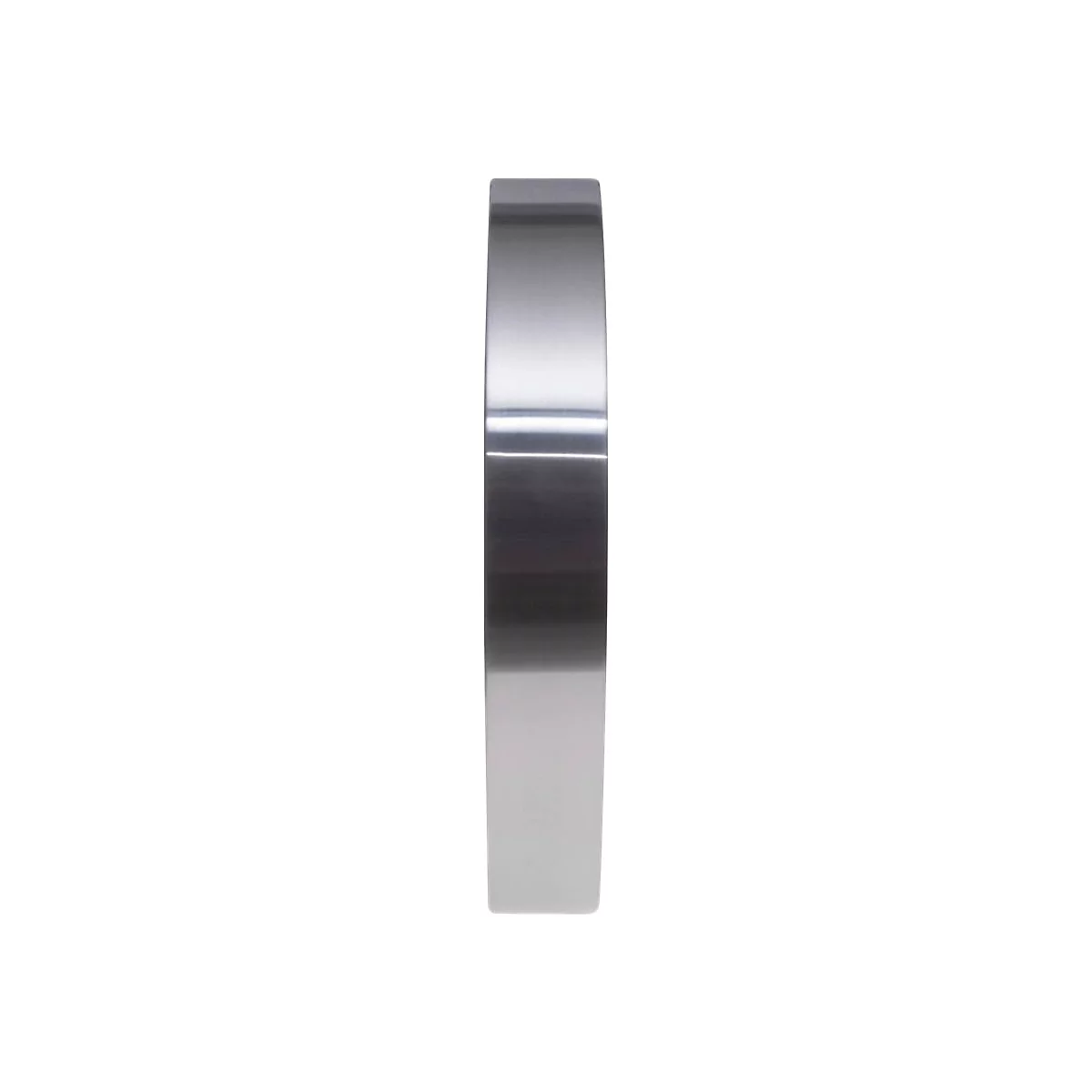 Seitenansicht eines glatten, silbernen Metallrings oder Rahmens vor weißem Hintergrund.