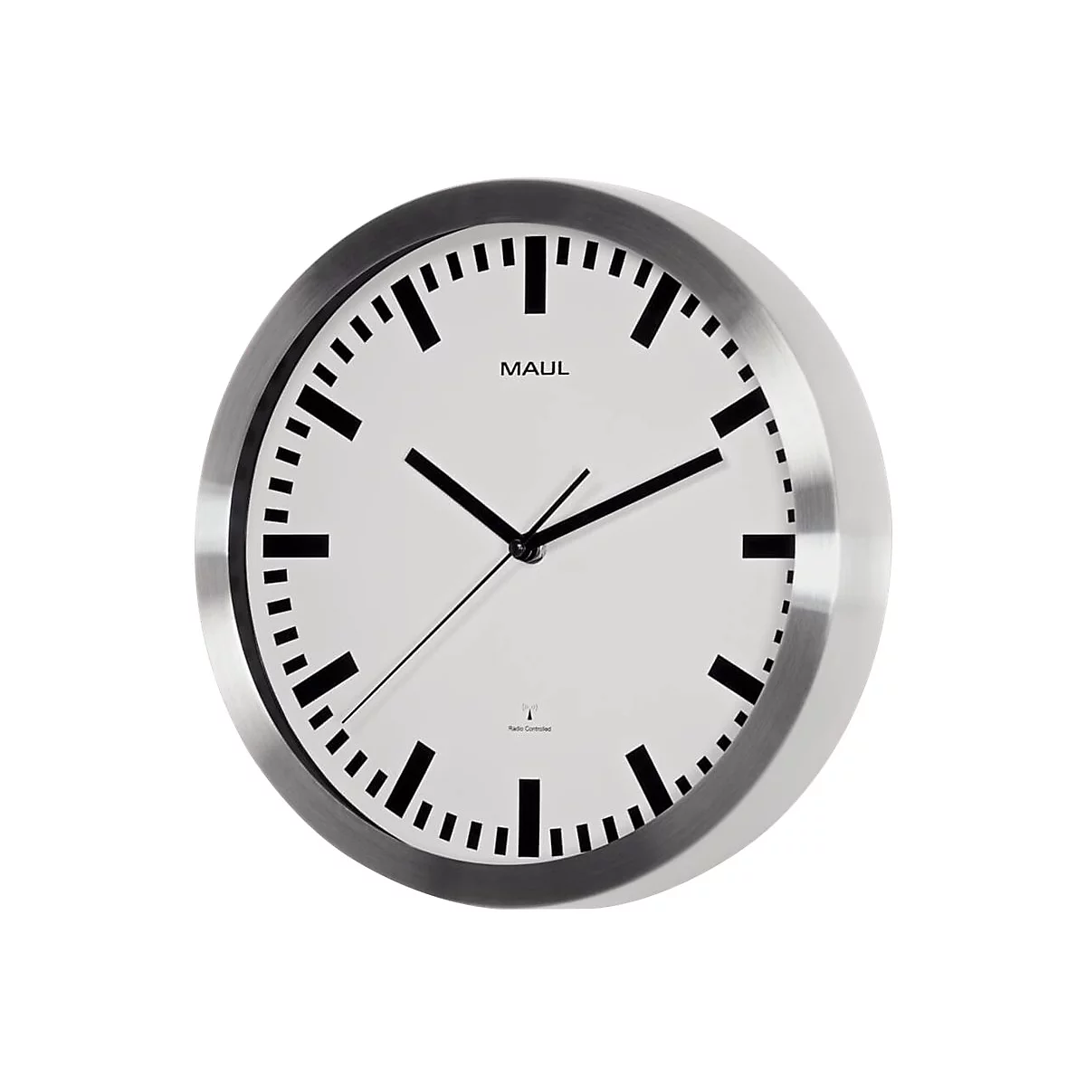Analoge Wanduhr von MAUL mit weißem Zifferblatt, schwarzen Balkenmarkierungen und gebürstetem Metallrahmen.