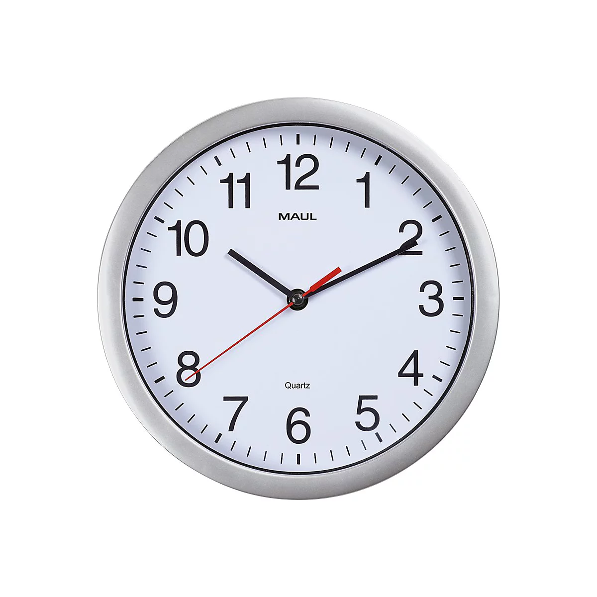 Runde Wanduhr mit silbernem Rahmen, weißem Ziffernblatt, schwarzen Ziffern und einem roten Sekundenzeiger.