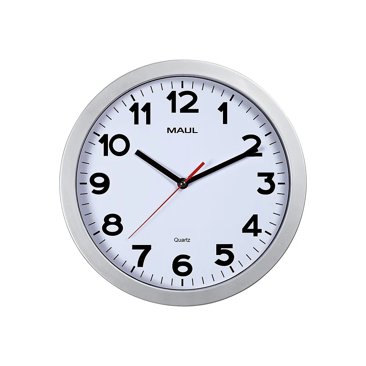 Analoge Wanduhr mit silbernem Rahmen, weißem Ziffernblatt, schwarzen Ziffern und rotem Sekundenzeiger.